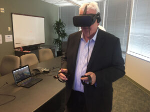 Man wearing virtual reality headset. 