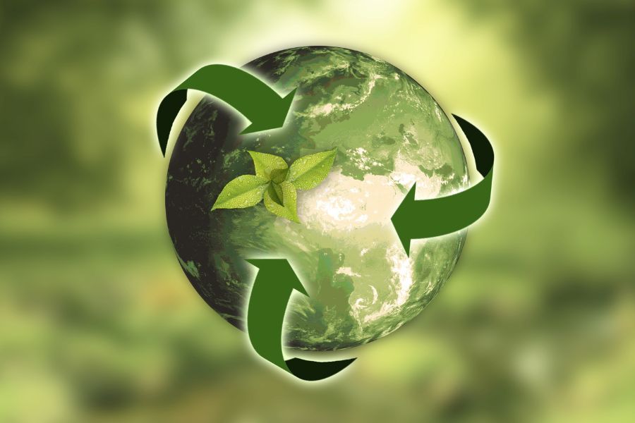 Photo of Earth with plant and recycle symbol.