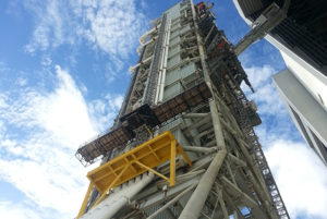Mobile Launcher 1 moves into the Vehicle Assembly Building. 