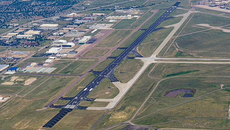 Photo showing full extent of completed runway rehabilitation at Colorado Spring Airport.