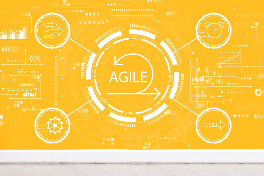 Infographic showing an agile project management model. Yellow background.