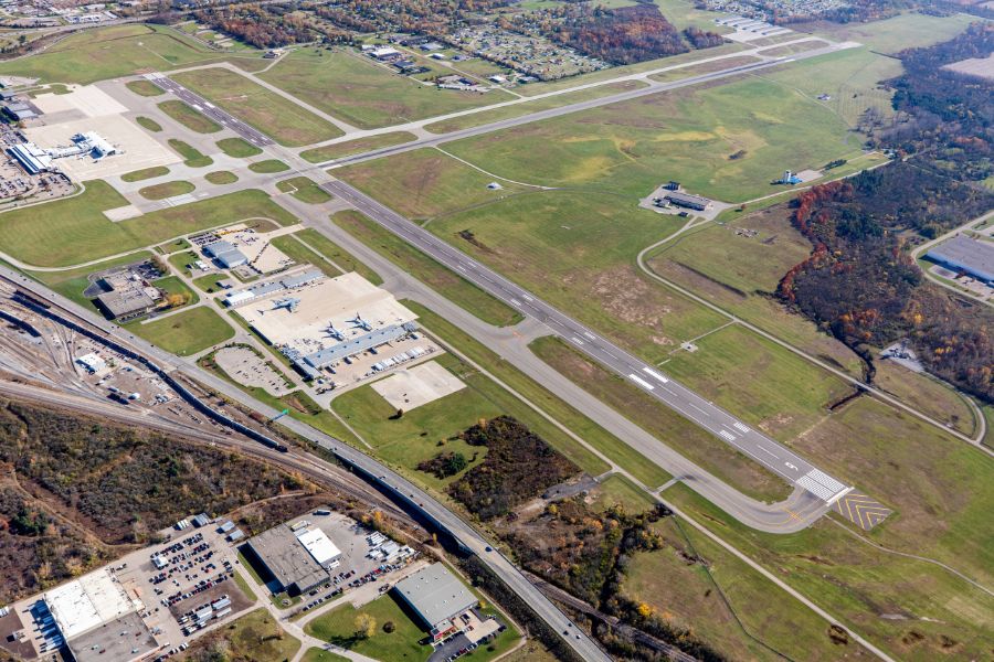 Aerial view of airport runway.