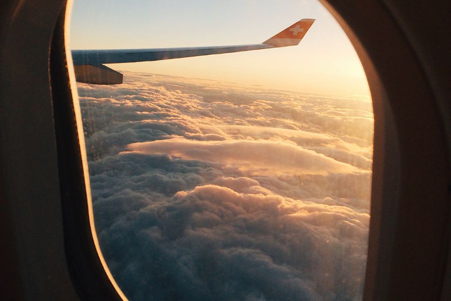 Looking out of an airplane window.