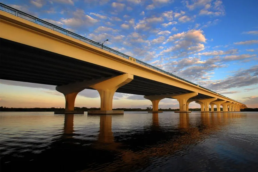 View of Veterans Memorial Bridge from the water below.