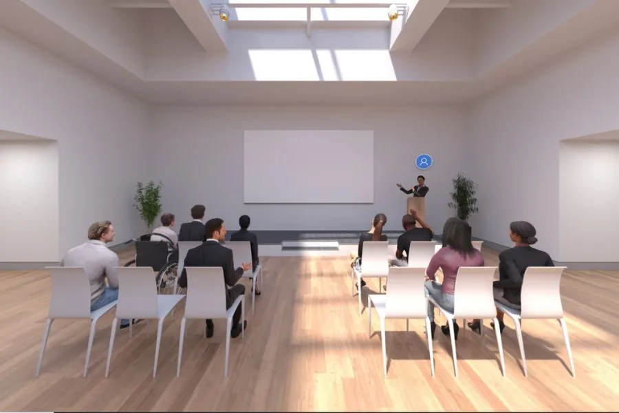 Rendering of virtual meeting room.