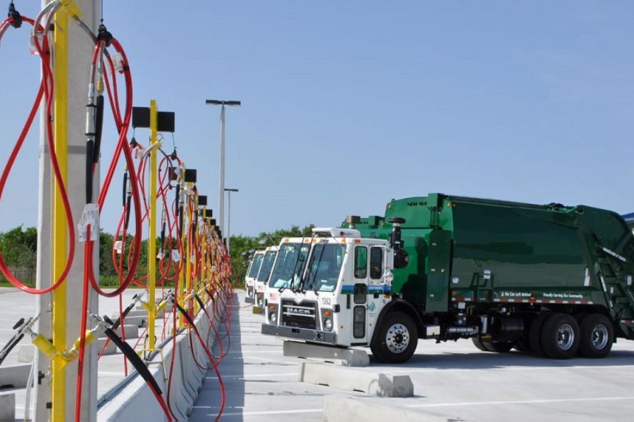 Trucks at fuel stations.