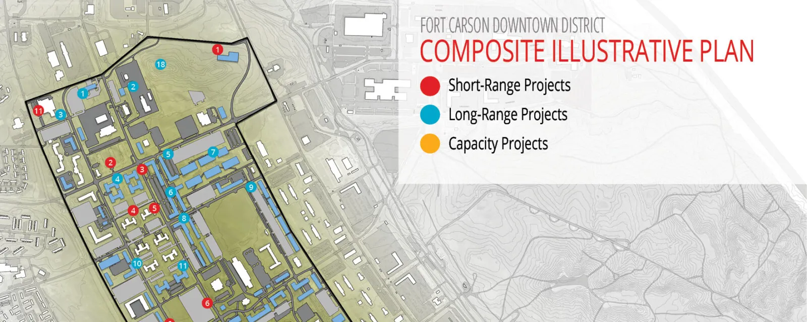 Fort Carson Downtown District map highlighting short-range, long-range, and capacity projects with numbered locations.