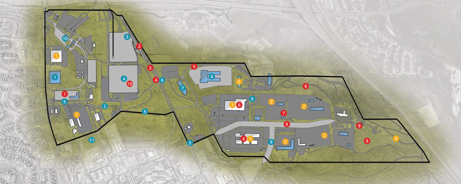 Map displaying numbered and colored sections within an outlined area, surrounded by faint cityscape.