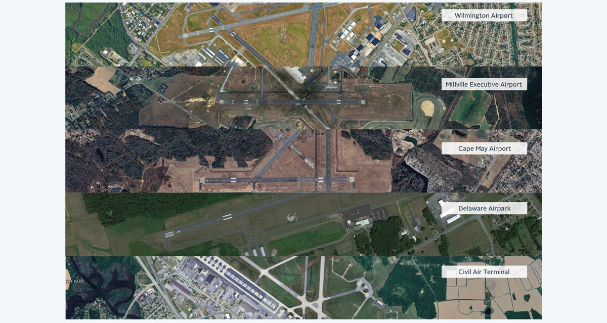 Aerial collage of five airports: Wilmington Airport, Millville Executive Airport, Cape May Airport, Delaware Airpark, Civil Air Terminal