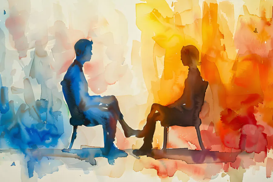 Watercolor graphic of two people talking.
