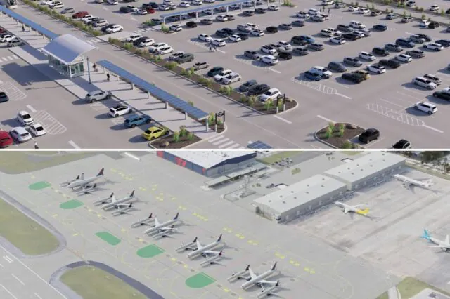 Top: Aerial view of a parking lot with numerous cars and solar-panel canopies. Bottom: Airport runway with parked airplanes near terminal buildings.