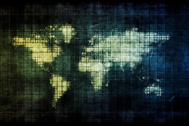 Pixelated map of the world.