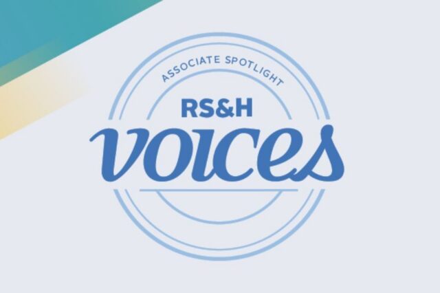 RS&H Voices logo with "Associate Spotlight" text, circular design, gradient background
